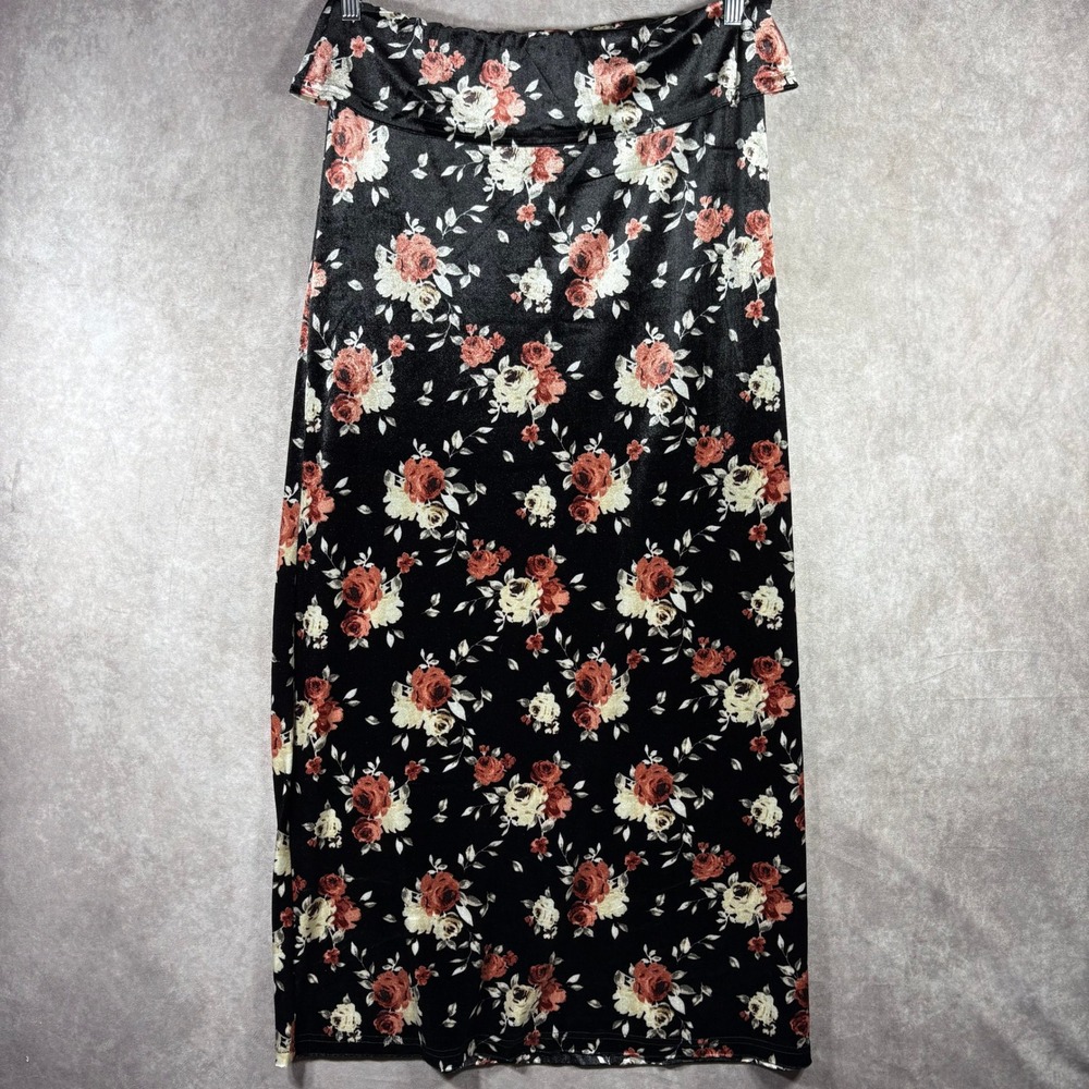 Earthbound Trading Co Maxi Skirt Women XL Black Dark Floral Velvet Boho Romantic